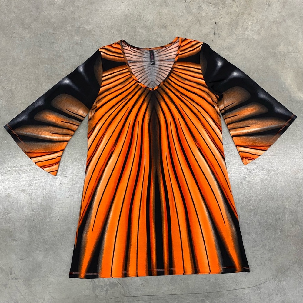 La Moda Vibrant Orange and Black Striped Dress Bell Sleeve S/M Subtle Butterfly